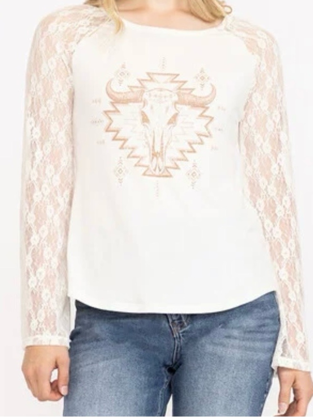 Women's Cream Lace Sleeve Graphic Top